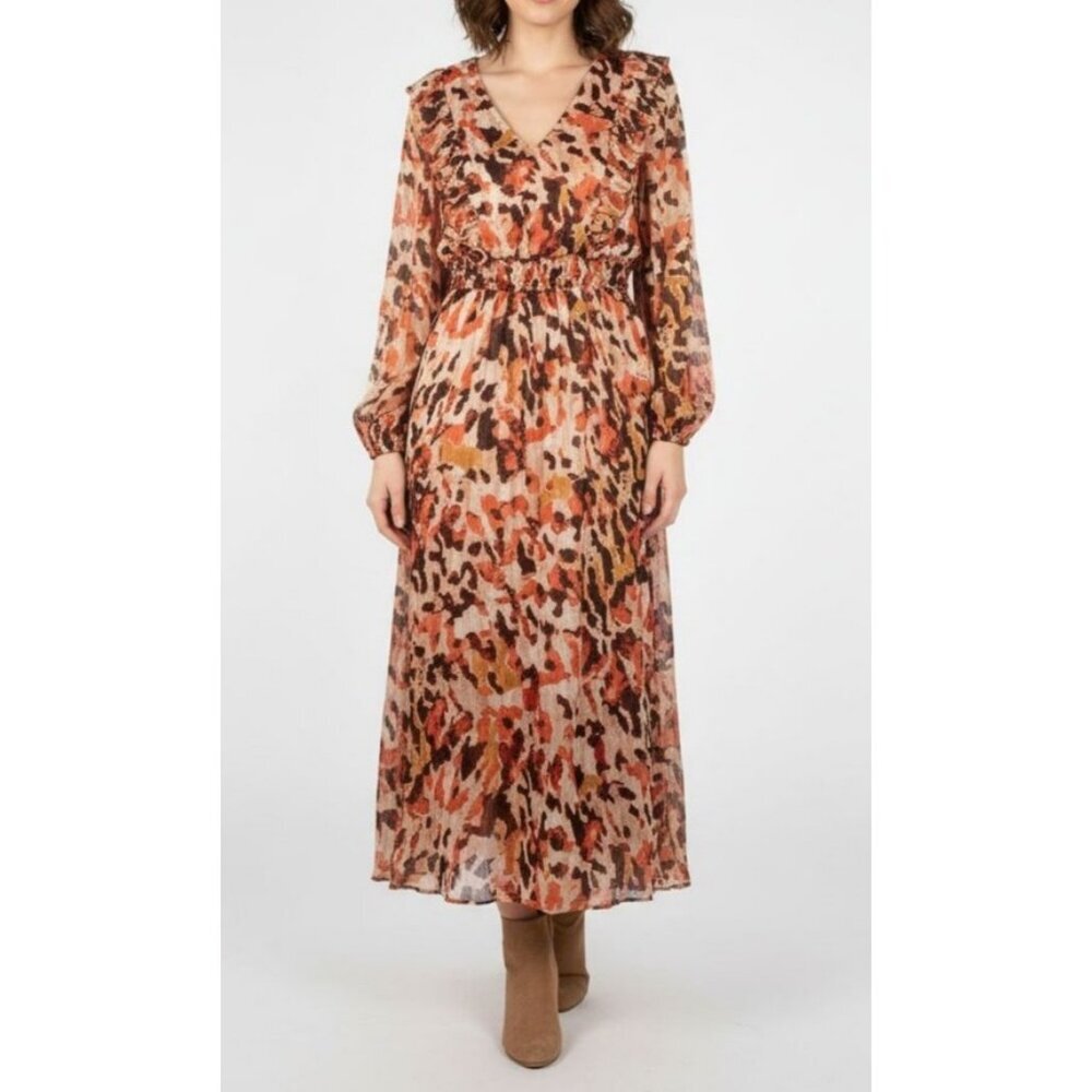 Shein Frenchy Floral Midi Dress Orange Multi Long Sleeve V Neck Womens M
